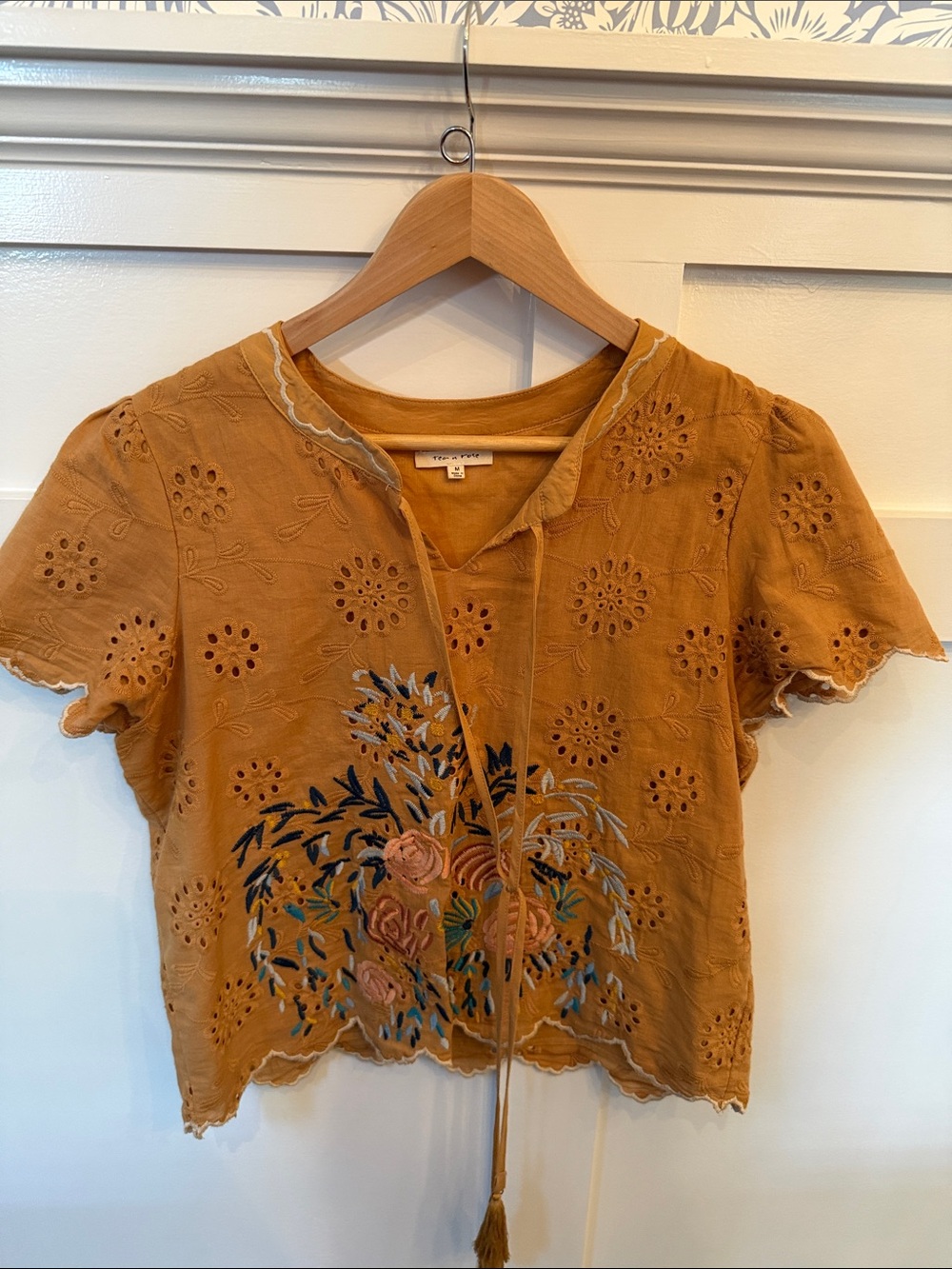 tea n rose Mustard Floral Embroidered Eyelet Top